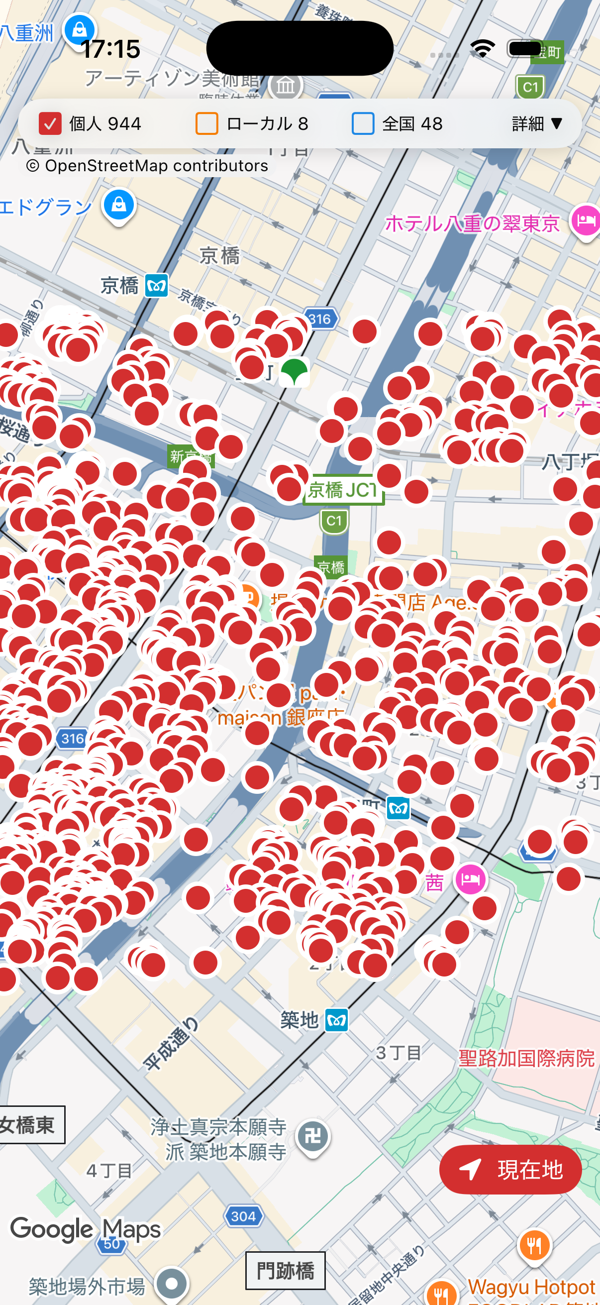 東京の地図に個人店の赤いピンが並ぶ NoChainMap の画面